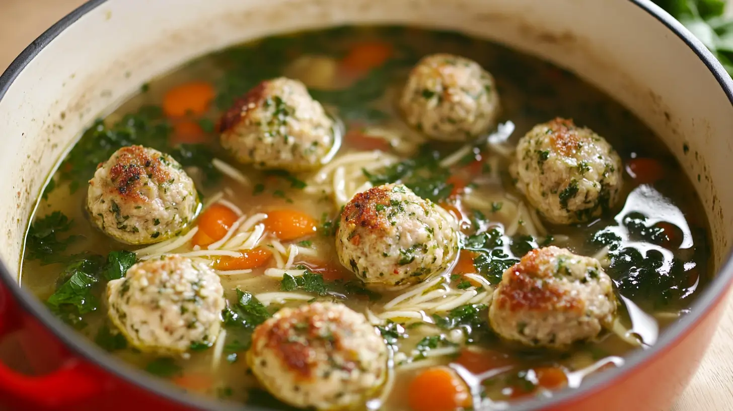 Mini Pesto Chicken Meatball Soup